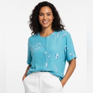 Vtg Mirror Image Blue Button Up Tee 90s Floral Size 1X Calla lily Abstract